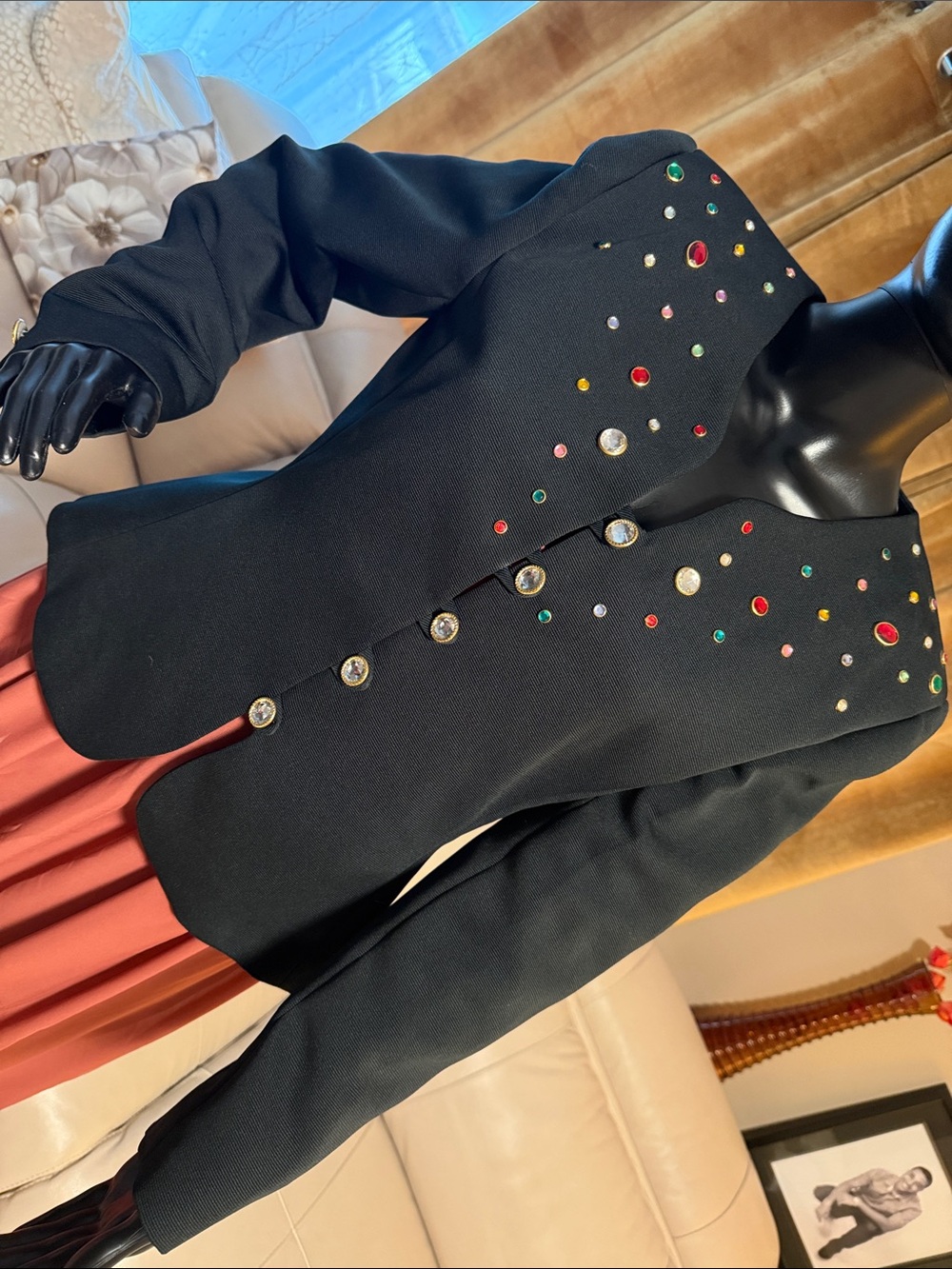 Leslie Fay Navy Blue Blazer with Multicolor Gem Accents